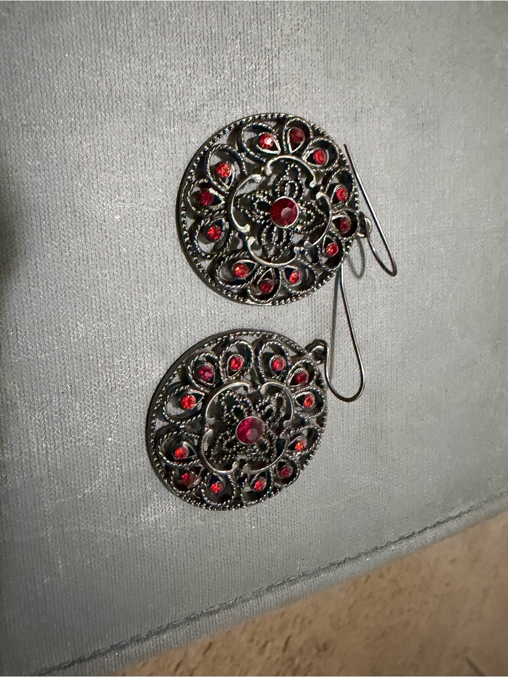 Classic Filigree Drop Earrings with Red Stones